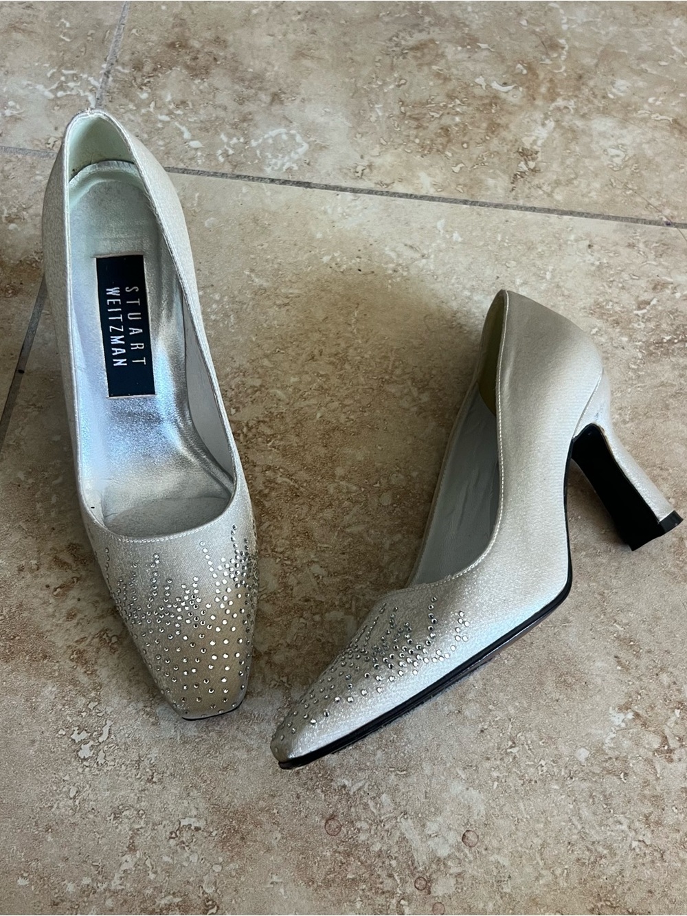 Stuart Weitzman Ivory Satin Rhinestone Mid-Heel Pumps